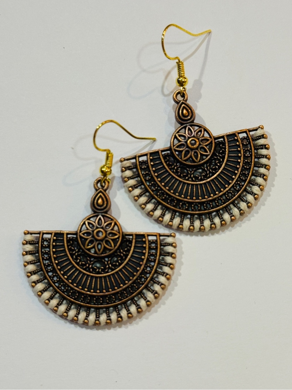 Antique Gold Filigree Fan Drop Earrings with Cream Accents